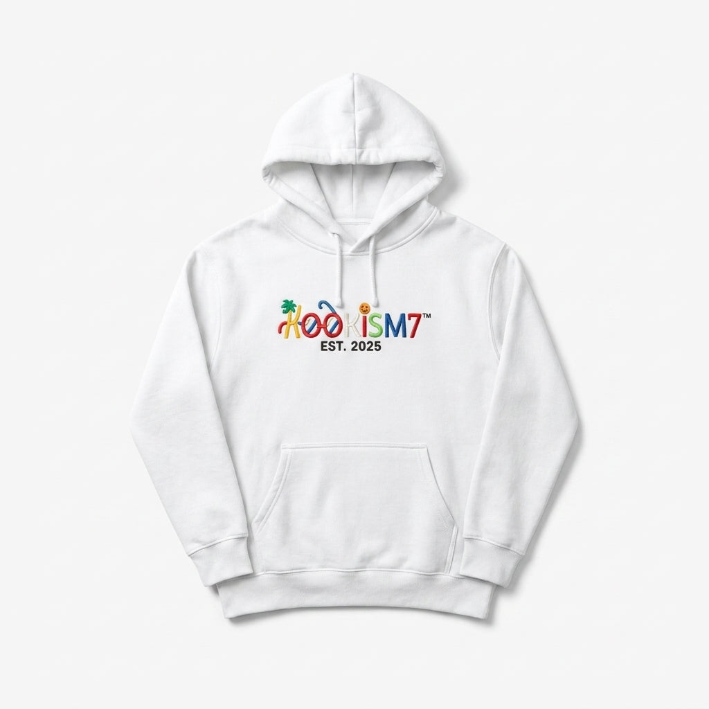 White Hoodie | Clean Embroidered Streetwear Pullover | EST. 2025